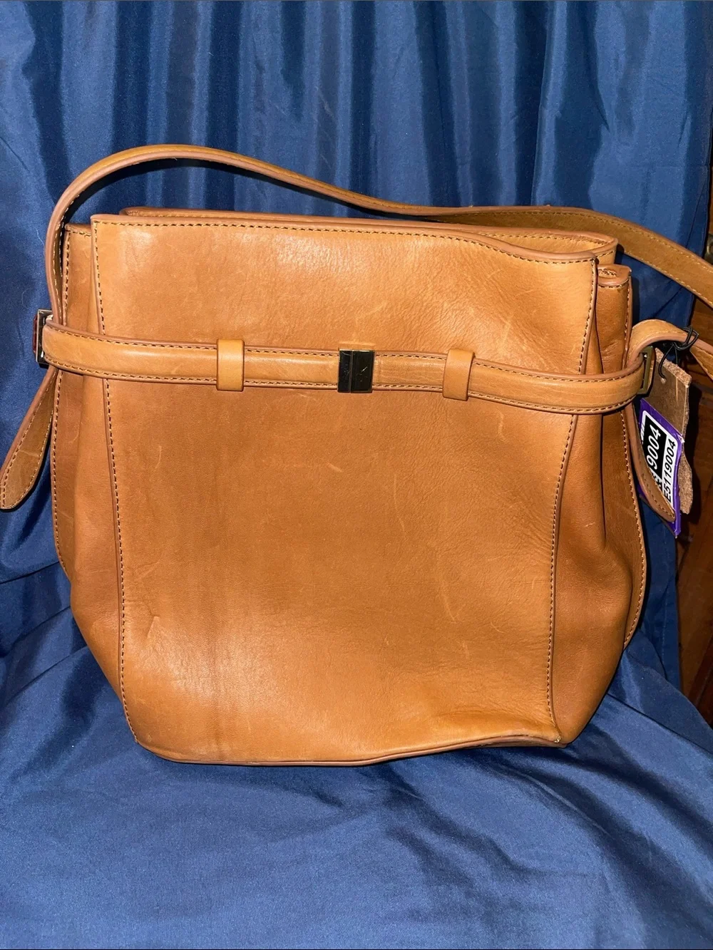 Margot New York - Leather Tan Belted Bucket Bag with Gold Hardware